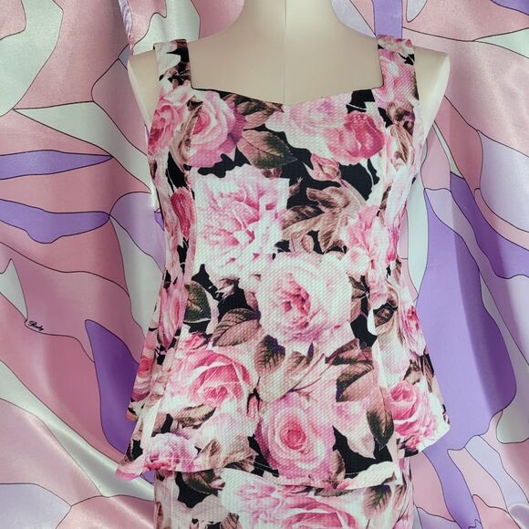 Pink Rose Mini Dress Size Small Japan Floral Bodycon Peplum Gyaru Gal Style Y2K - Picture 9 of 10